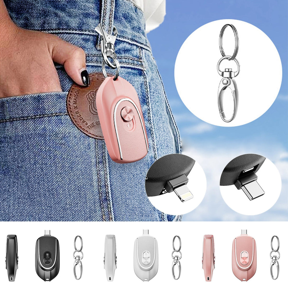 2 In 1 Mini Keychain Power Bank Keyring Hanging Buckle 2 Output Interfaces 5V 1200MAH Backup Power Bank Retractable Plug