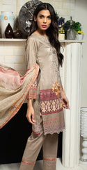 Printed Ribs Cambric Shirt with Embroidered Front & Chiffon Dupatta | 3pc (RC-143B)-wppmall